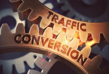 Traffic Conversion on the Mechanism of Golden Cog Gears with Lens Flare. Traffic Conversion Golden Metallic Cog Gears. 3D Rendering.