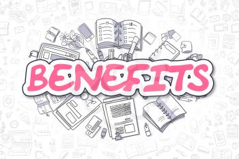 Benefits Doodle Illustration of Magenta Inscription and Stationery Surrounded by Cartoon Icons. Business Concept for Web Banners and Printed Materials. 