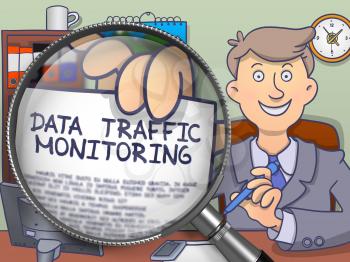 Business Man in Suit Holding a Paper with Text Data Traffic Monitoring Concept through Magnifier. Closeup View. Colored Modern Line Illustration in Doodle Style.