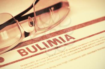 Bulimia - Medical Concept with Blurred Text and Specs on Red Background. Selective Focus. Bulimia - Printed Diagnosis with Blurred Text on Red Background with Glasses. Medical Concept. 3D Rendering.
