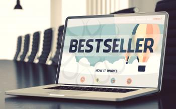 Bestseller Concept. Closeup Landing Page on Laptop Display on Background of Meeting Room in Modern Office. Blurred Image. Selective focus. 3D Illustration.