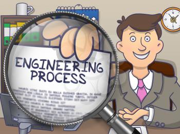 Engineering Process. Paper with Inscription in Officeman's Hand through Lens. Multicolor Doodle Illustration.