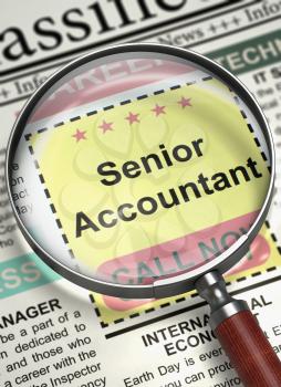 Senior Accountant - Close View Of A Classifieds Through Magnifying Glass. Senior Accountant. Newspaper with the Jobs. Hiring Concept. Blurred Image. 3D Render.