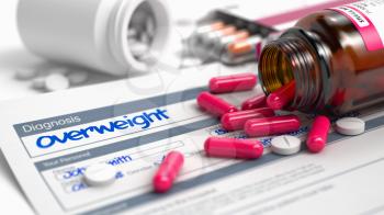 Overweight Phrase in Anamnesis. CloseUp View of Medicine Concept. Overweight - Handwritten Diagnosis in the Medical History. Medicine Concept with Heap of Pills, Close Up View, Selective Focus. 3D.