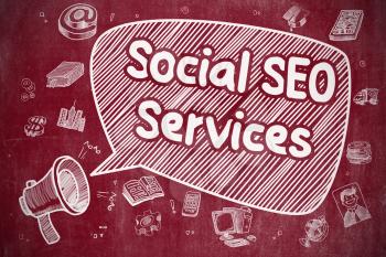 Speech Bubble with Text Social SEO Services Doodle. Illustration on Red Chalkboard. Advertising Concept. 