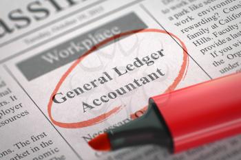 General Ledger Accountant. Newspaper with the Advertisements and Classifieds Ads for Vacancy, Circled with a Red Highlighter. Blurred Image with Selective focus. Hiring Concept. 3D.