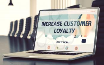 Increase Customer Loyalty Concept. Closeup Landing Page on Mobile Computer Screen on Background of Meeting Hall in Modern Office. Toned. Blurred Image. 3D Render.