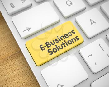 Slim Aluminum Keyboard Key Showing the Text E-Business Solutions. Message on Keyboard Yellow Key. Online Service Concept: E-Business Solutions on the White Keyboard lying on Wood Background. 3D.