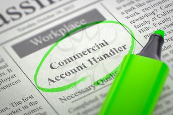A Newspaper Column in the Classifieds with the Small Ads of Job Search of Commercial Account Handler, Circled with a Green Highlighter. Blurred Image. Selective focus. Job Seeking Concept. 3D Render.