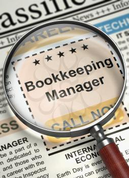 Bookkeeping Manager. Newspaper with the Searching Job. Bookkeeping Manager - Small Advertising in Newspaper. Hiring Concept. Blurred Image. 3D Illustration.