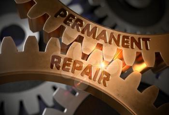 Permanent Repair on Mechanism of Golden Metallic Gears with Glow Effect. Permanent Repair - Illustration with Lens Flare. 3D Rendering.