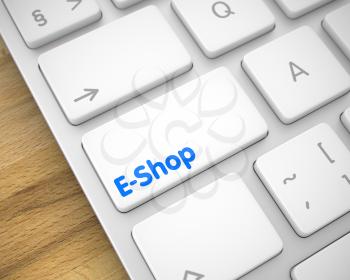 Online Service Concept: E-Shop on Modern Computer Keyboard Background. Online Service Concept with Modern Enter White Button on the Keyboard: E-Shop. 3D.