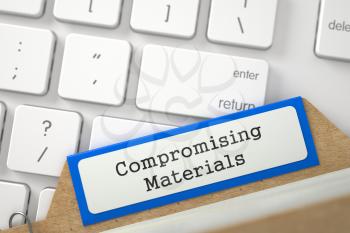 Compromising Materials written on Orange Folder Index Concept on Background of White Modern Computer Keyboard. Closeup View. Blurred Image. 3D Rendering.