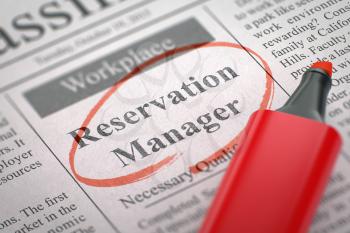 Reservation Manager - Jobs in Newspaper, Circled with a Red Marker. Blurred Image. Selective focus. Hiring Concept. 3D Illustration.