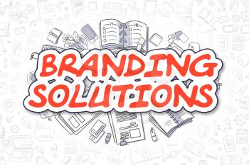 Branding Solutions - Hand Drawn Business Illustration with Business Doodles. Red Inscription - Branding Solutions - Doodle Business Concept. 