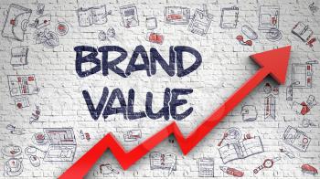 Brand Value - Enhancement Concept with Hand Drawn Icons Around on White Wall Background. White Wall with Brand Value Inscription and Red Arrow. Improvement Concept. 