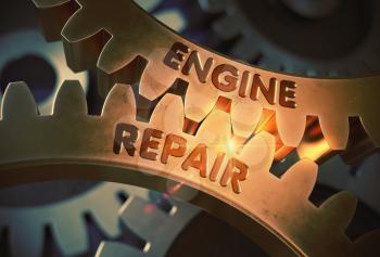 Engine Repair on Mechanism of Golden Gears with Glow Effect. Engine Repairon the Golden Metallic Cogwheels. 3D Rendering.