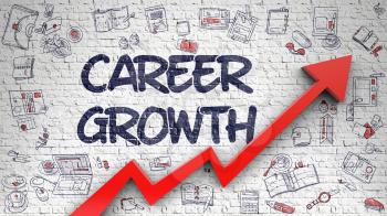 Career Growth Drawn on White Brickwall. Illustration with Doodle Design Icons. Career Growth - Success Concept with Doodle Icons Around on White Brick Wall Background. 