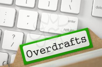 Overdrafts written on Green Sort Index Card Lays on Modern Keyboard. Closeup View. Selective Focus. 3D Rendering.