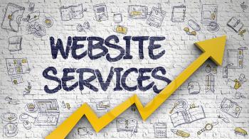 Website Services - Line Style Illustration with Hand Drawn Elements. Website Services - Success Concept with Hand Drawn Icons Around on Brick Wall Background. 
