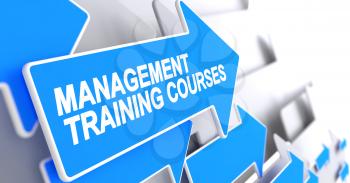 Management Training Courses - Blue Arrow with a Inscription Indicates the Direction of Movement. Management Training Courses, Label on the Blue Pointer. 3D.