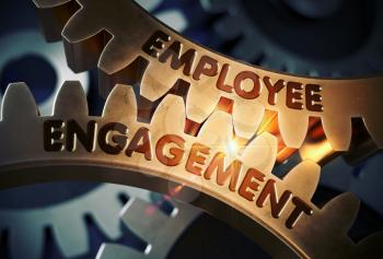 Employee Engagement - Technical Design. Employee Engagement on Mechanism of Golden Gears with Lens Flare. 3D Rendering.