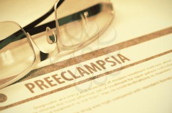 Preeclampsia - Printed Diagnosis with Blurred Text on Red Background with Specs. Medicine Concept. 3D Rendering.