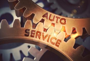 Auto Service - Illustration with Lens Flare. Auto Service on the Mechanism of Golden Gears with Lens Flare. 3D Rendering.