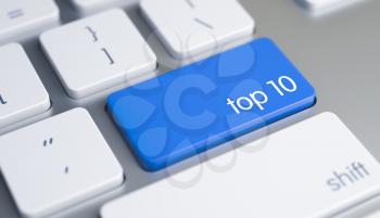 Up Close Blue Keyboard Button - Top 10. High Quality Render of a Modern Laptop Keyboard Key. The Keypad is Blue in Color and there is Caption Top 10 on It. 3D.