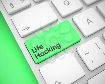 Service Concept: Life Hacking on the Modern Computer Keyboard lying on Green Background. Life Hacking Written on Green Key of Modernized Keyboard. 3D Illustration.