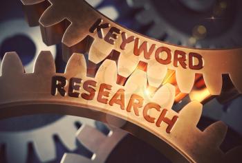 Keyword Research Golden Cogwheels. Keyword Research on the Mechanism of Golden Gears with Lens Flare. 3D Rendering.