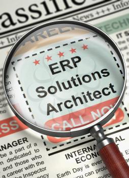 ERP Solutions Architect. Newspaper with the Classified Ad. ERP Solutions Architect - Small Advertising in Newspaper. Job Search Concept. Blurred Image. 3D Illustration.