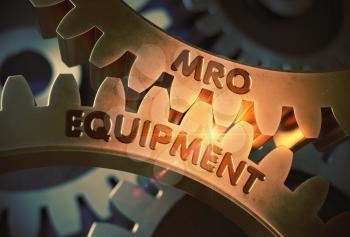 Golden Metallic Cogwheels with MRO Equipment Concept. MRO Equipment on the Mechanism of Golden Gears. 3D Rendering.