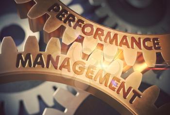 Performance Management on Golden Metallic Cogwheels. Golden Metallic Gears with Performance Management Concept. 3D Rendering.
