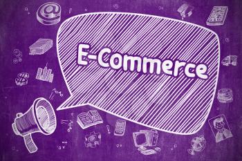 E-Commerce on Speech Bubble. Cartoon Illustration of Yelling Loudspeaker. Advertising Concept. Speech Bubble with Wording E-Commerce Cartoon. Illustration on Purple Chalkboard. Advertising Concept. 