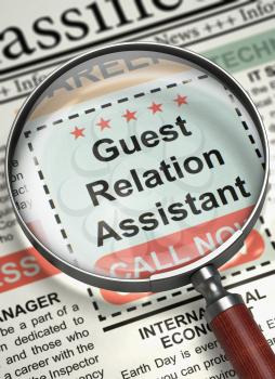 Guest Relation Assistant - Close Up View Of A Classifieds Through Loupe. Column in the Newspaper with the Vacancy of Guest Relation Assistant. Hiring Concept. Blurred Image. 3D Rendering.