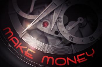 Make Money on Vintage Watch Detail, Chronograph Closeup. Mechanical Pocket Watch with Make Money Inscription on Face. Business Concept Illustration with Glow Effect and Lens Flare. 3D Rendering.