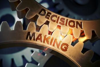 Decision Making - Concept. Decision Making on Mechanism of Golden Metallic Gears with Lens Flare. 3D Rendering.