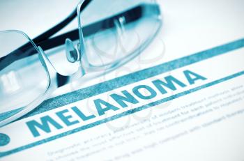 Melanoma - Printed Diagnosis on Blue Background and Specs Lying on It. Medical Concept. Blurred Image. 3D Rendering.