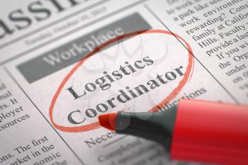 Logistics Coordinator - Jobs Section Vacancy in Newspaper, Circled with a Red Highlighter. Blurred Image. Selective focus. Job Search Concept. 3D Render.