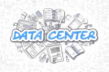 Blue Inscription - Data Center. Business Concept with Cartoon Icons. Data Center - Hand Drawn Illustration for Web Banners and Printed Materials. 