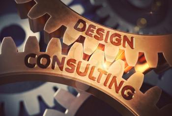 Design Consulting - Illustration with Lens Flare. Golden Metallic Cog Gears with Design Consulting Concept. 3D Rendering.