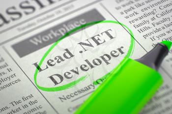 Lead .NET Developer - Job Vacancy in Newspaper, Circled with a Green Highlighter. Blurred Image with Selective focus. Concept of Recruitment. 3D Render.