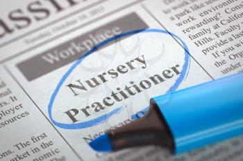 Nursery Practitioner. Newspaper with the Small Advertising, Circled with a Blue Highlighter. Blurred Image. Selective focus. Job Search Concept. 3D.
