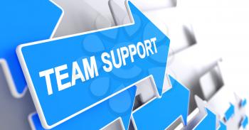 Team Support, Message on the Blue Cursor. Team Support - Blue Cursor with a Message Indicates the Direction of Movement. 3D Illustration.