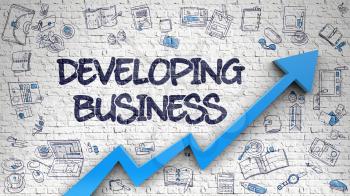 Developing Business Inscription on the Line Style Illustation. with Blue Arrow and Hand Drawn Icons Around. Developing Business Drawn on White Wall. Illustration with Doodle Icons. 3d.