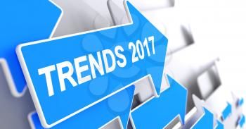 Trends 2017, Text on Blue Cursor. Trends 2017 - Blue Pointer with a Message Indicates the Direction of Movement. 3D.