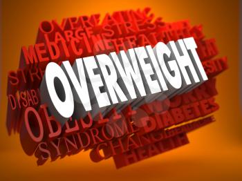 Overweight - the Word in White Color on Cloud of Red Words on Orange Background.