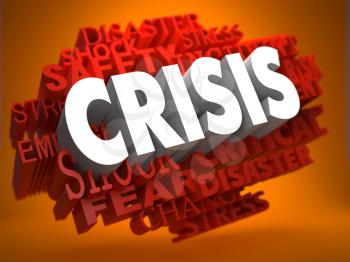 Crisis - the Word in White Color on Cloud of Red Words on Orange Background.