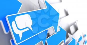 White Speech Bubble Icon on Blue Arrow on a Grey Background. Communication Concept.